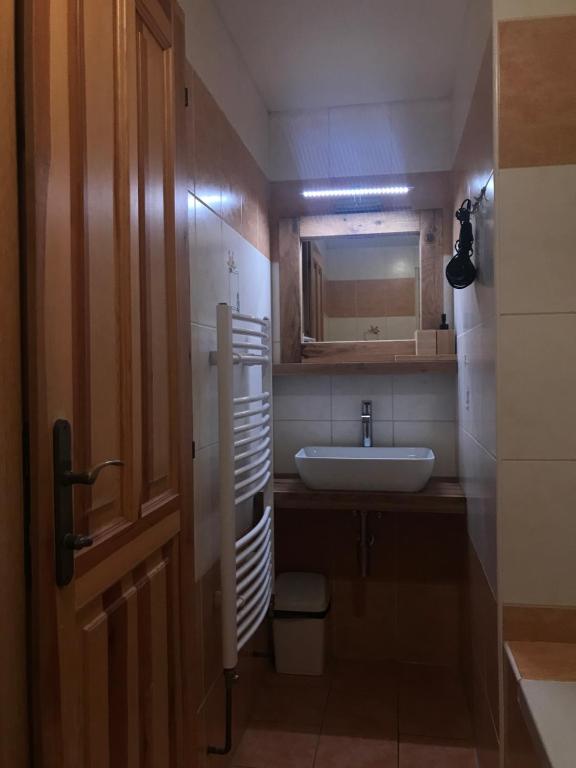 a bathroom with a sink and a toilet and a mirror at Pension Sima in Harrachov