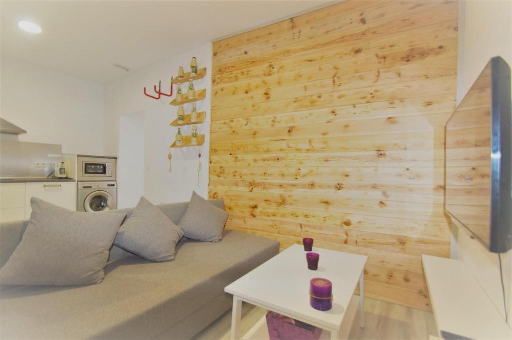 een woonkamer met een bank en een houten muur bij Apartamento Blue Ice in Tarifa