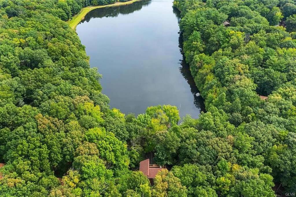 an aerial view of a lake in the middle of a forest at Highland House: Lakefront, Hot Tub, Views, Private in East Stroudsburg