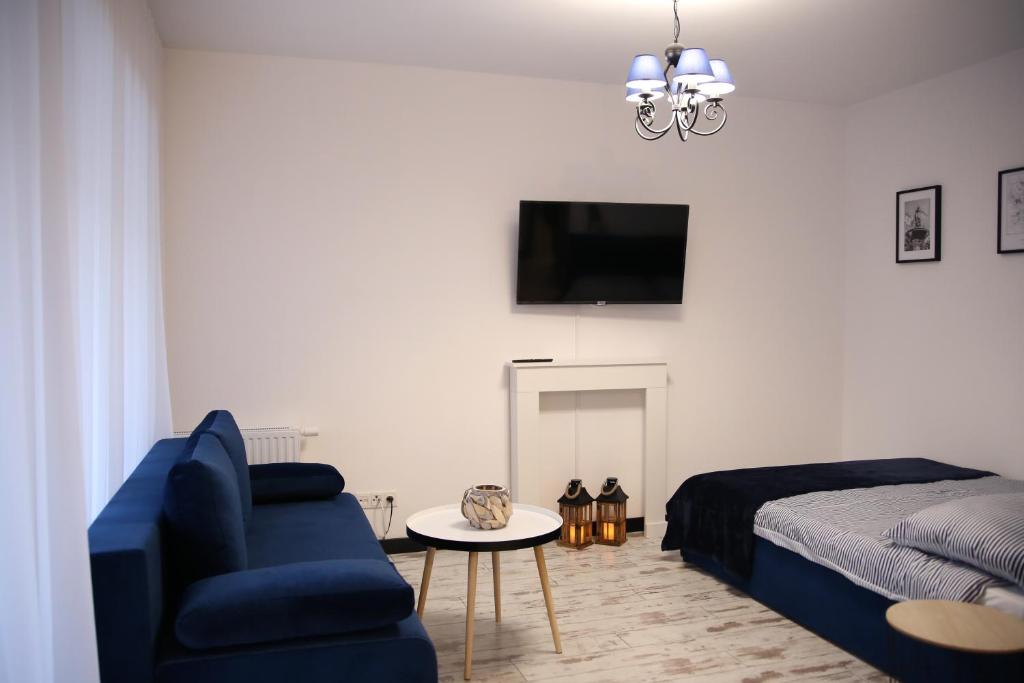 salon z niebieską kanapą i łóżkiem w obiekcie P&K Motlawa Apartment w Gdańsku