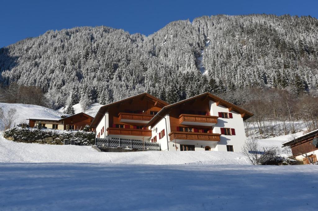 un bâtiment dans la neige devant une montagne dans l'établissement Ferienwohnung Tetiana, à Schruns