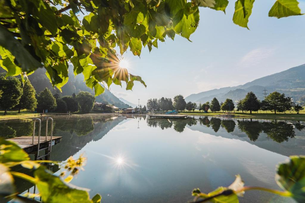 vistas a un lago con montañas en el fondo en Ferienwohnung Lassing, en Lassing