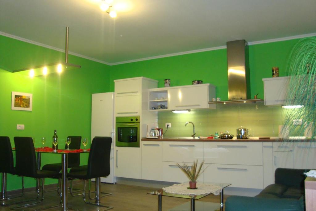 a kitchen with green walls and a table and chairs at Apartment Thomas in Vipava