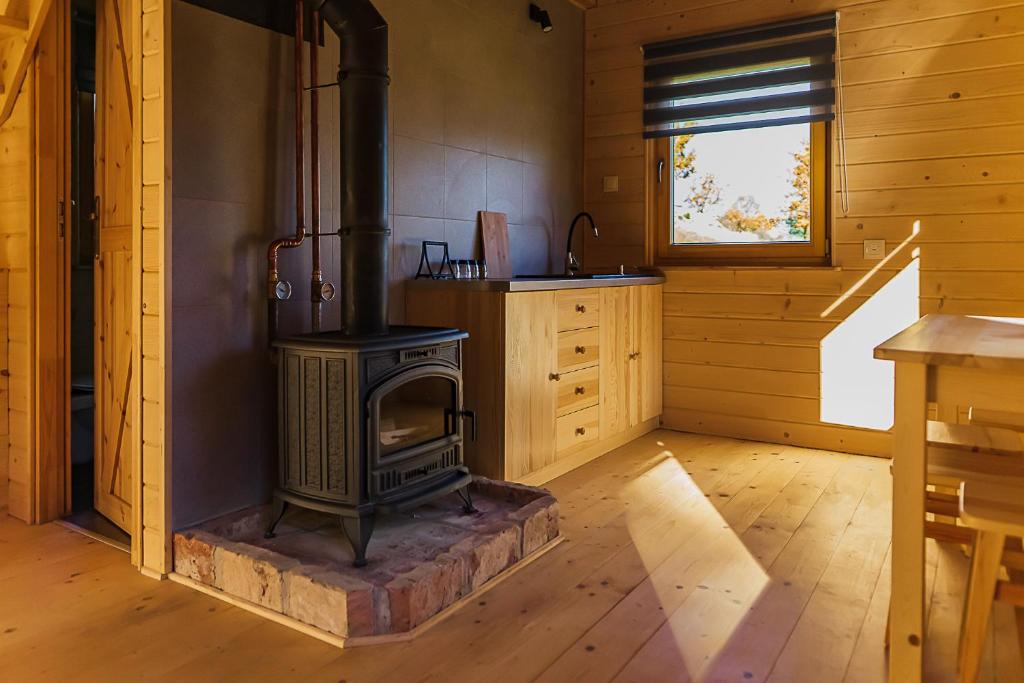 Sunlit wooden cabin kitchen featuring a cast-iron wood stove, sink, and warm pine furnishings.