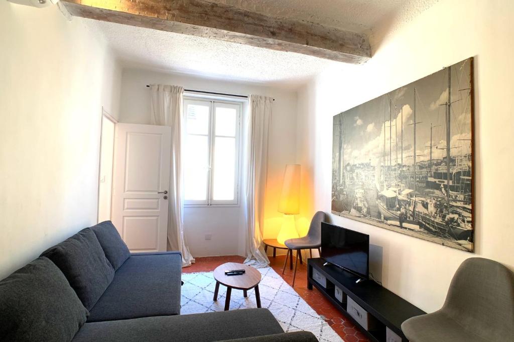 un salon avec un canapé et une télévision dans l'établissement Atypical 1 bedroom appartment in rue Fourmillière, à Antibes