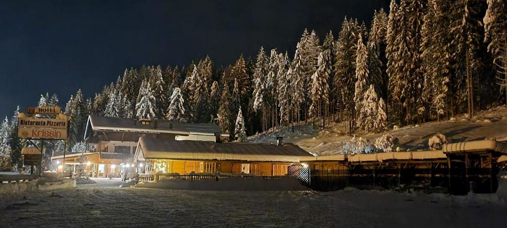 サント・ステーファノ・ディ・カドーレにあるAlbergo Krissinの雪に覆われた木々と建物のあるスキーロッジ