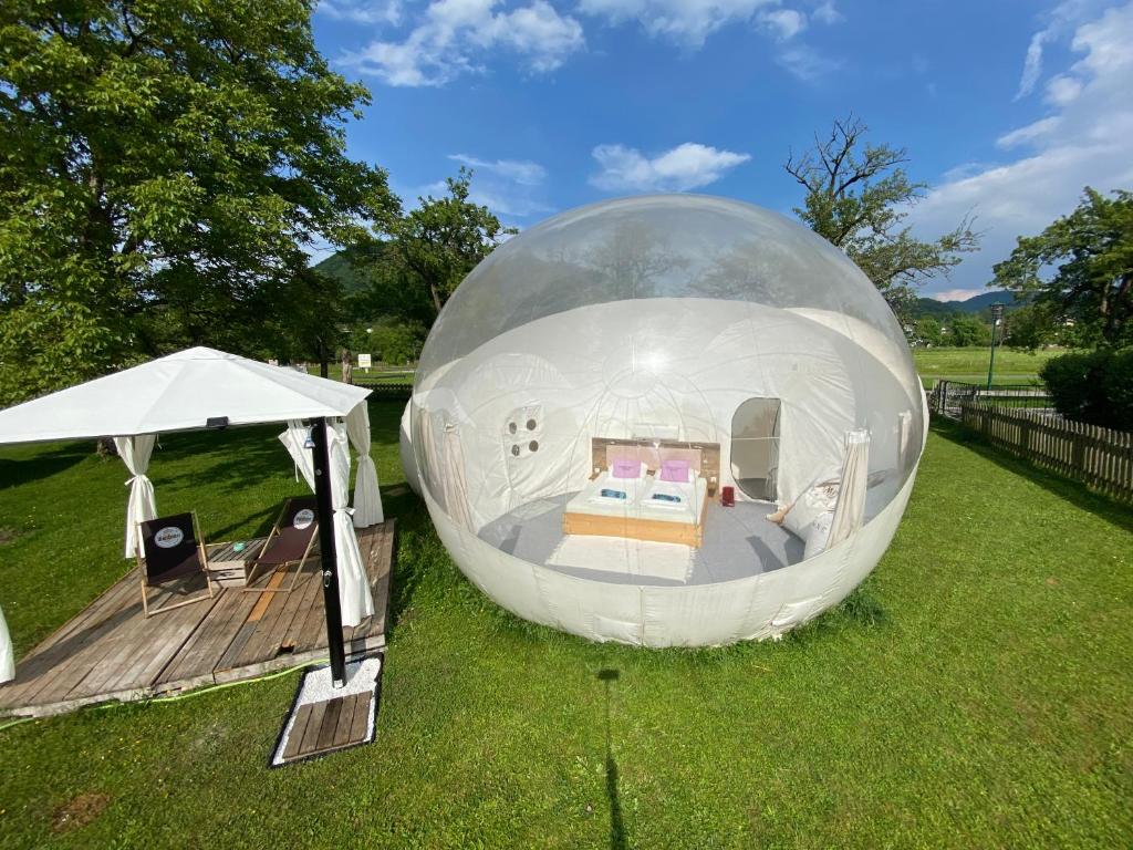 una grande cupola di vetro con un letto in un campo di Bubble Tent Hotel a Weyregg