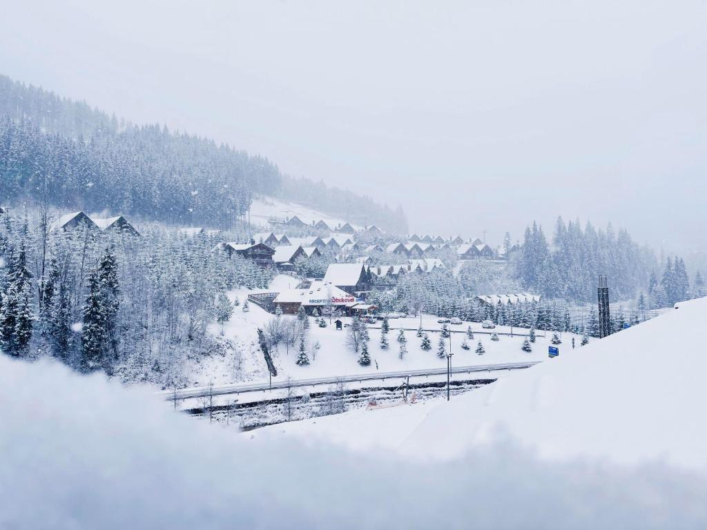 a town covered in snow with houses and trees at Hotel Skilandhouse in Bukovel