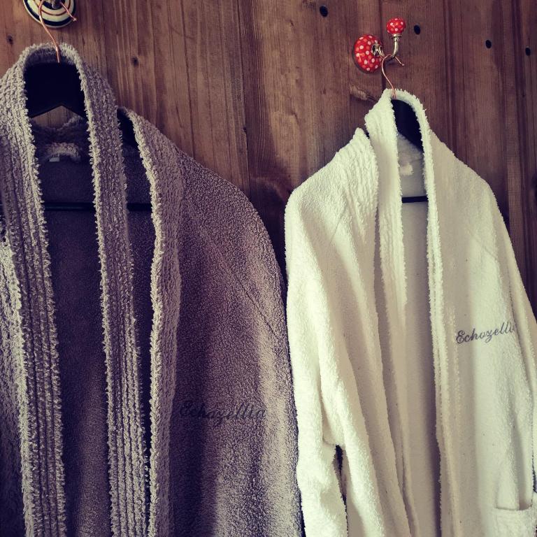 two sweaters are hanging on a wooden wall at Le monde d&#39;Echozellia in Saint-Germain-des-Champs