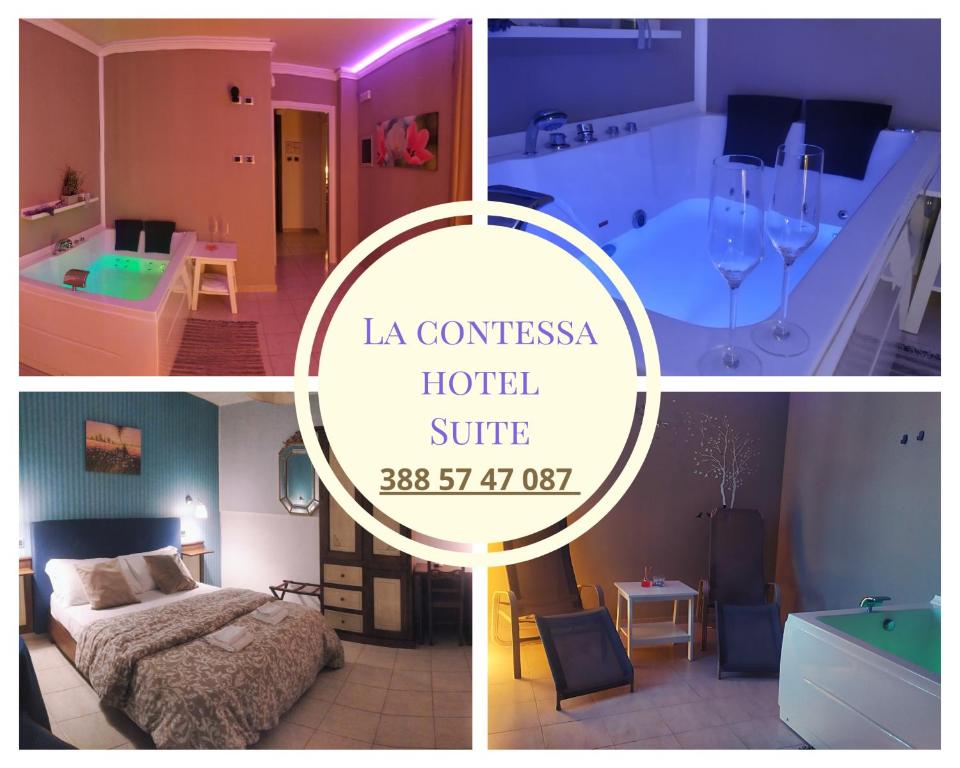un collage di quattro foto di una suite d'hotel di La Contessa Hotel e b&b a Mercogliano