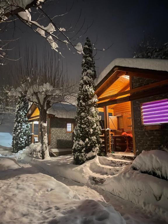 dom pokryty śniegiem z fioletowym światłem w obiekcie Camping Aneto w mieście Benasque