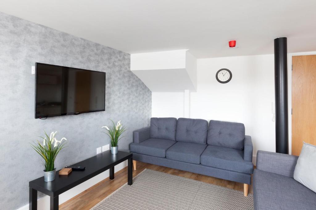 ein Wohnzimmer mit einem Sofa und einem TV in der Unterkunft The 'Tailors' Apartment in Leicester