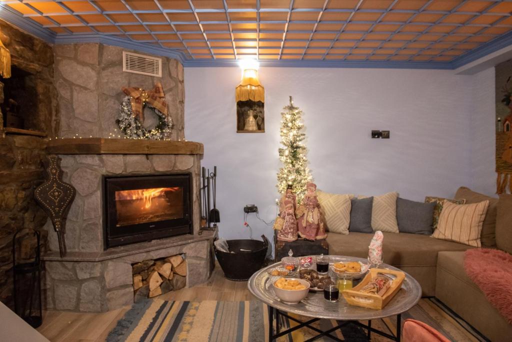 a living room with a couch and a fireplace at Dandy Villas Metsovo-Metska-Down Town-Up to 7 in Metsovo
