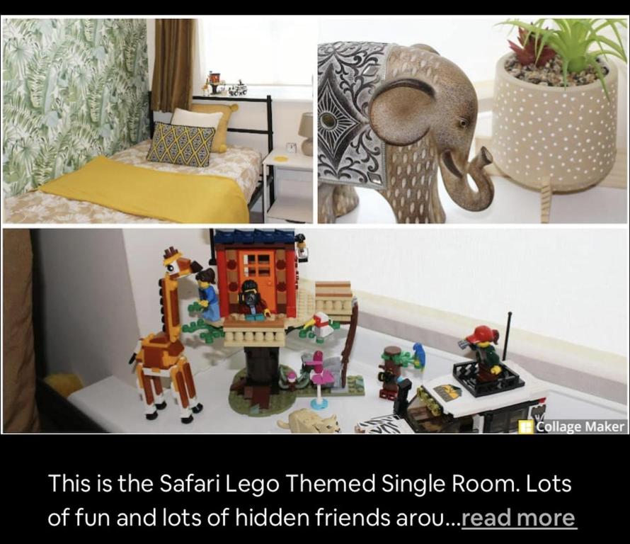 a collage of pictures of a room with a bed and toys at Lego Themed Home near Legoland Windsor Castle in Slough