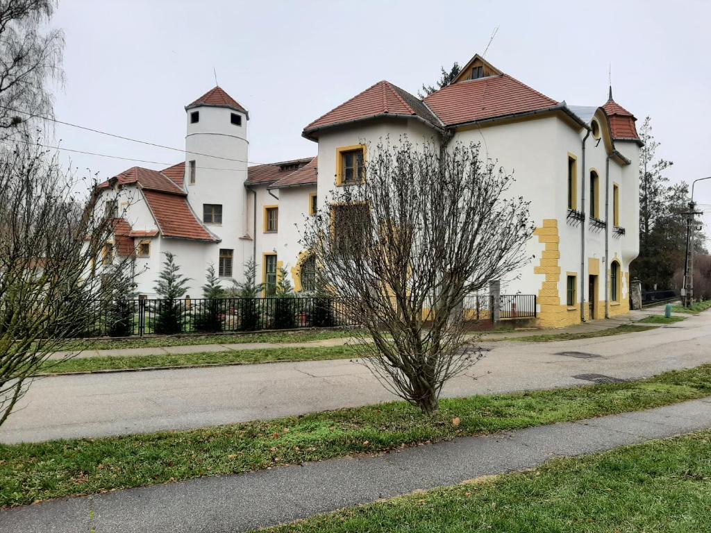 a large white house with red roofs on a street at Meller-kastély Villa in Csurgó