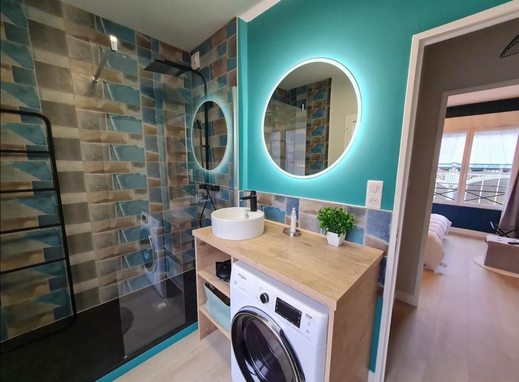 a bathroom with a washer and dryer in a room at La Villa les Halles III in Dijon