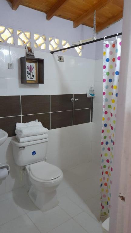 a bathroom with a toilet and a shower curtain at Casa Horizontes in San Carlos