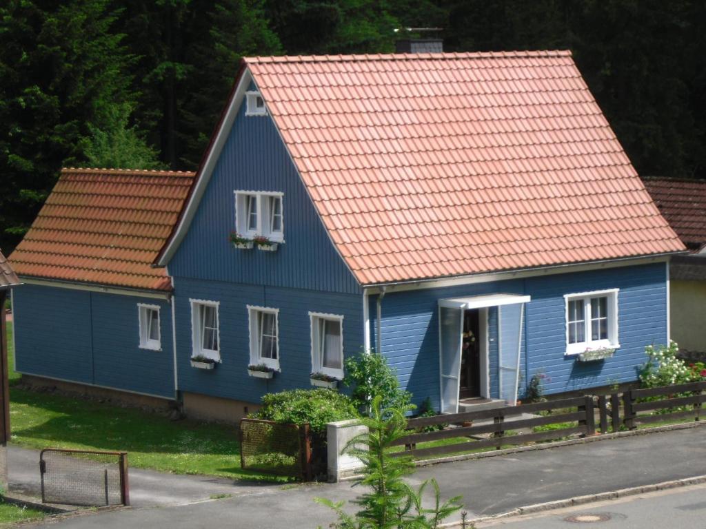 ein blaues Haus mit orangefarbenem Dach in der Unterkunft Ferienhaus Matti in Kamschlacken