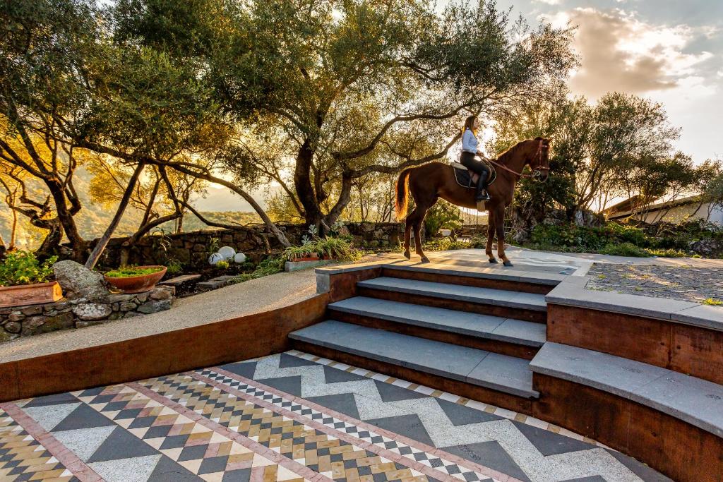 Una mujer montando un caballo bajando unas escaleras en Agriturismo Canales en Dorgali