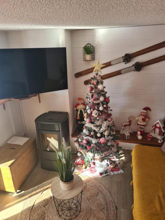 a christmas tree in a living room with a tv at Appartement 8 couchages 45 m2 tout confort à la foux d'allos in La Foux