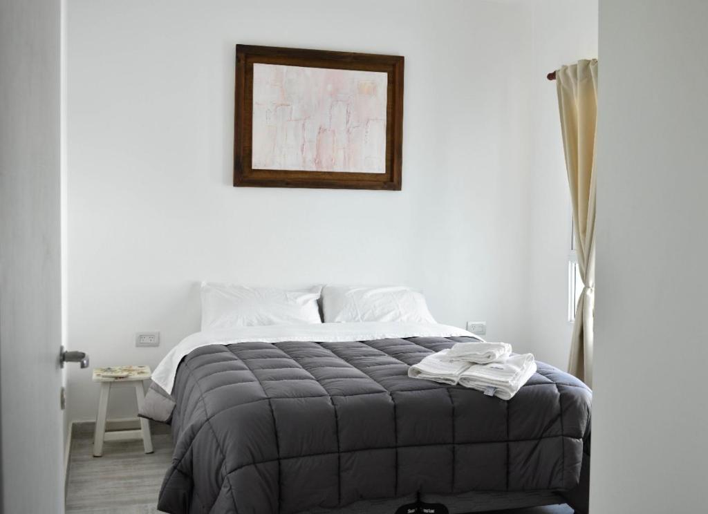 1 dormitorio con 1 cama y una foto en la pared en DEPTO KENIA II. ALQUILER TEMPORARIO SAN FRANCISCO in 