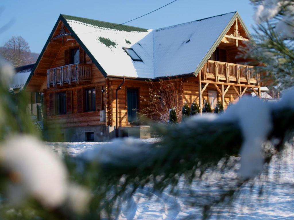 domek z bali z pokrytym śniegiem dachem w obiekcie Sołtysówka w mieście Wielogłowy