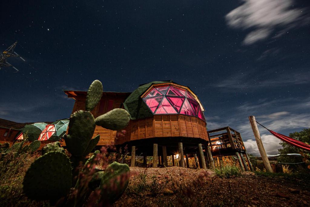 a large building with a cactus in front of it at Los Nopales Glamping in Sáchica