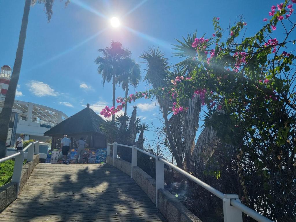 a boardwalk with flowers and palm trees on the beach at Ocean View Apartment, Costa Adeje,Tenerife in Adeje