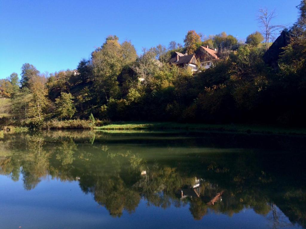 una vista de un lago con una casa en el fondo en The end of the road-entire house near Bled, en Radovljica