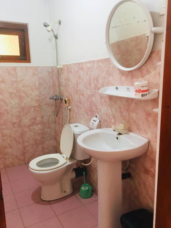 a bathroom with a toilet and a sink and a mirror at Dilena Beach Inn in Tangalle