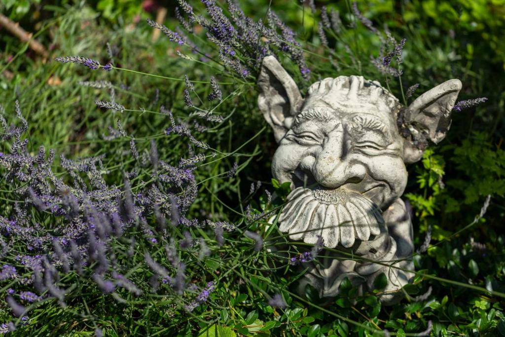 a statue of a cat with a moustache at Villa Fantasia Budget Boutique Hotel in Füssen