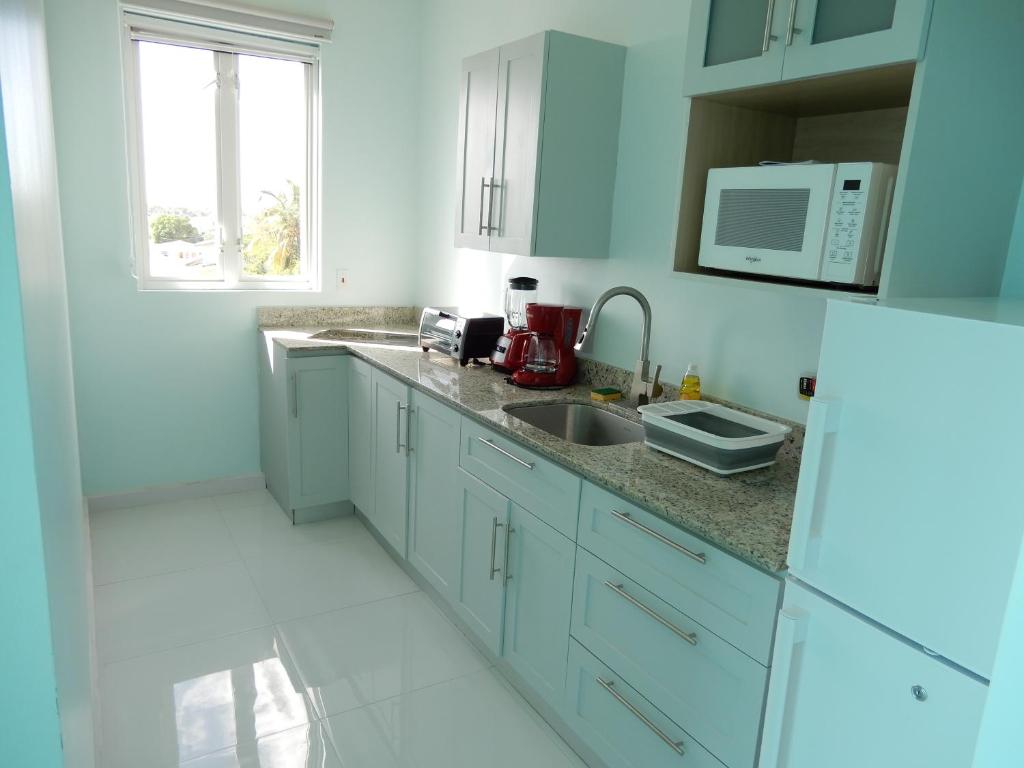 Kuchyň nebo kuchyňský kout v ubytování Oistins Bayview Apartments