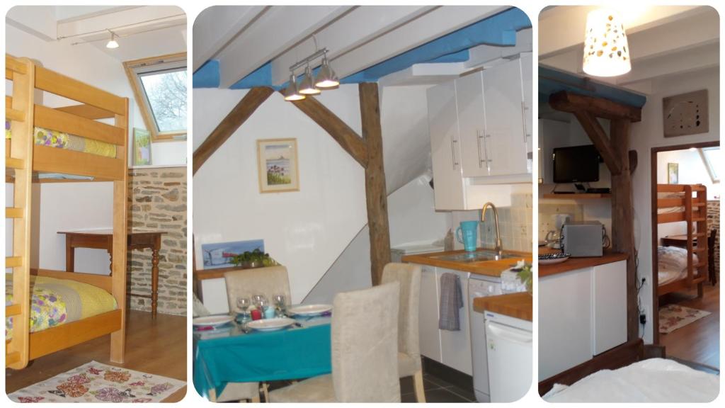 three images of a tiny house with a kitchen and a bedroom at Gîte La Bulle En Baie, proche Mont Saint-Michel, au calme, pour 4 pers in Crollon
