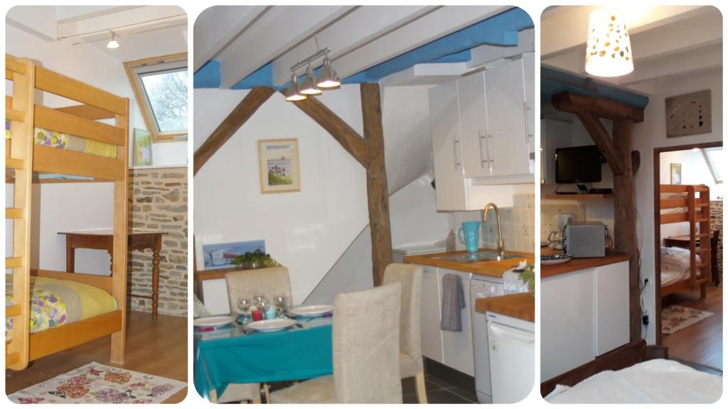 Trois images d'une petite maison avec une cuisine et une chambre dans l'établissement Gîte La Bulle En Baie, proche Mont Saint-Michel, au calme, pour 4 pers, à Crollon