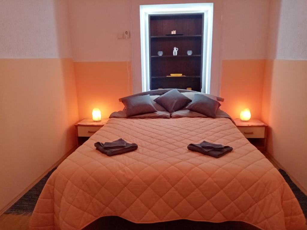 ein Schlafzimmer mit einem Bett mit zwei Schuhen drauf in der Unterkunft Apartment Anna in Belgrad