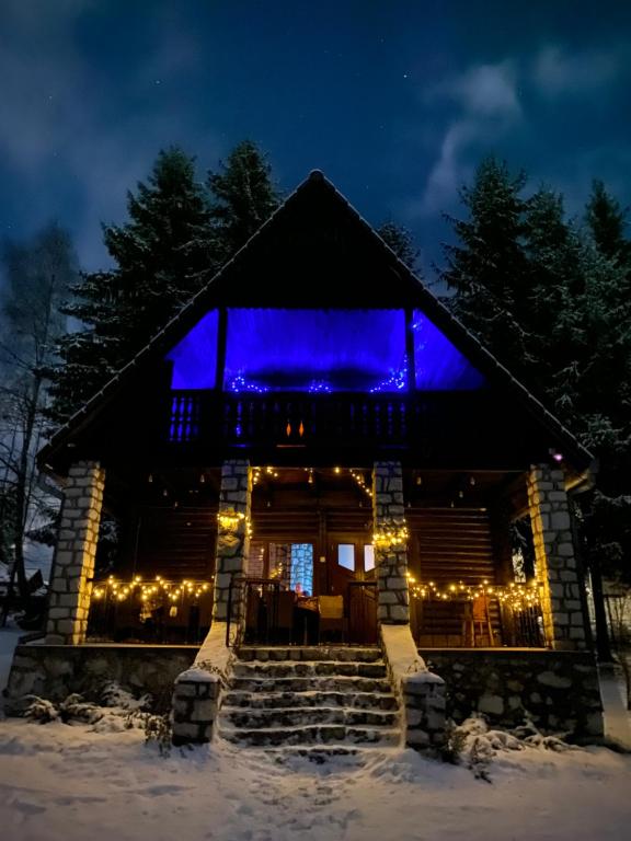 a log cabin lit up in blue at night at Lake House in Izvoru Mureşului