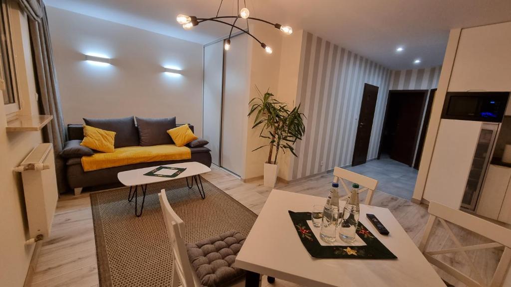 salon z kanapą i stołem w obiekcie Apartamenty Rynek 21 w Muszynie