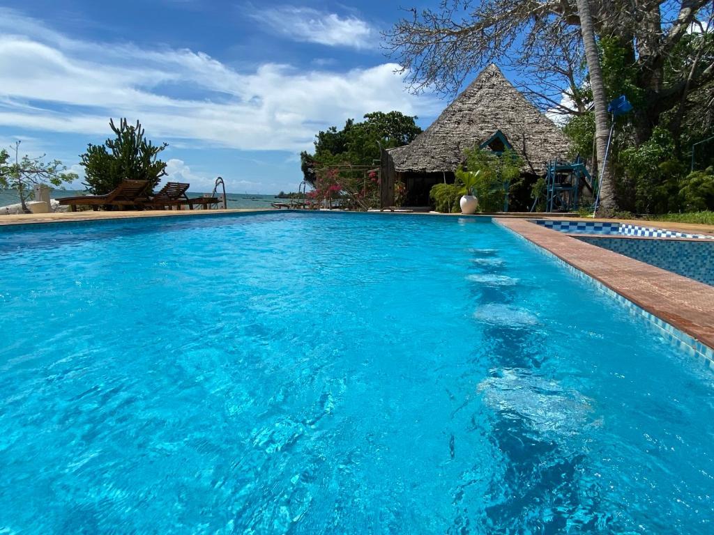 a large blue swimming pool with a house in the background at Menai Bay Beach Bungalows in Unguja Ukuu