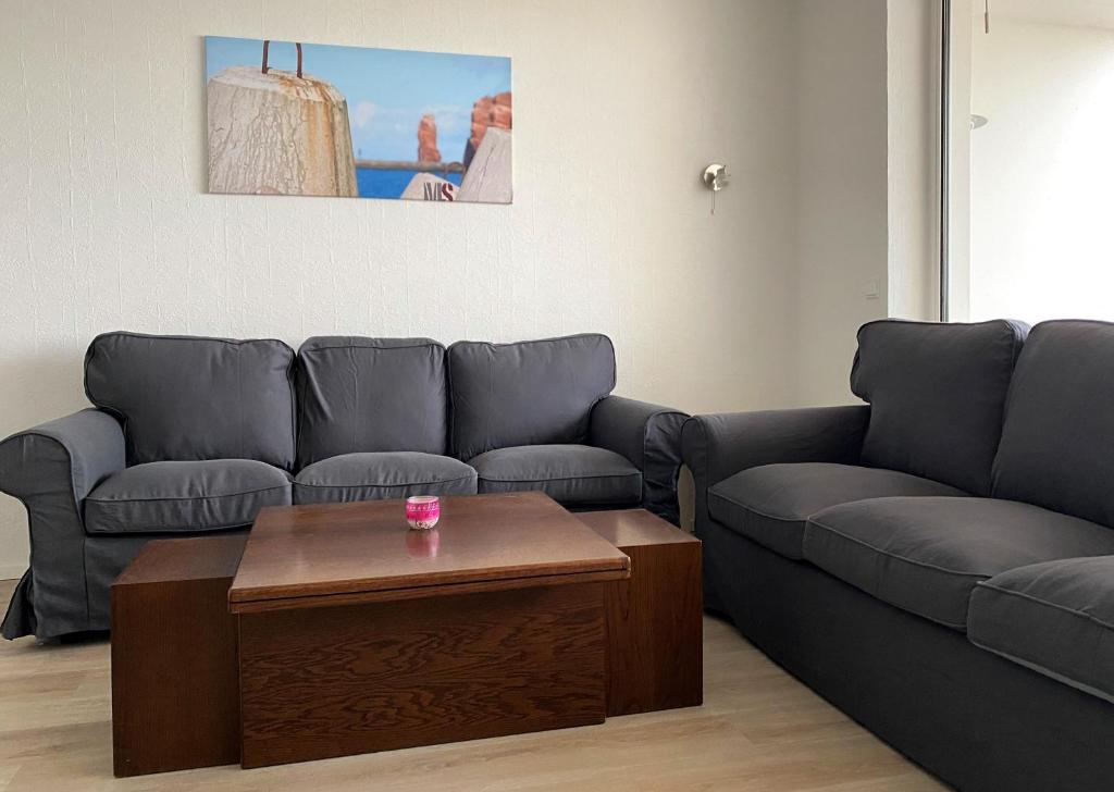 uma sala de estar com dois sofás e uma mesa de centro em Haus Atlantic Whg. 601 em Cuxhaven