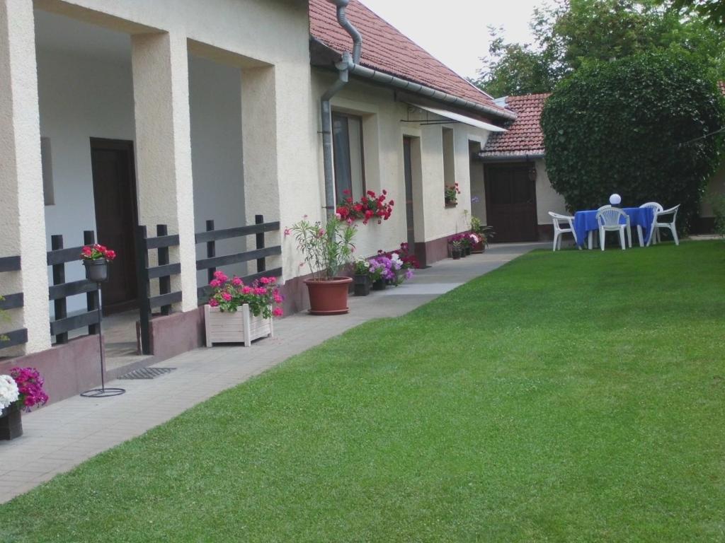 a house with a lawn with a table and chairs at Csányi vendégház in Kiskunmajsa