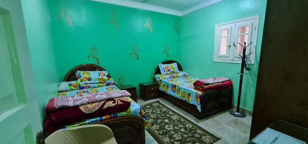 a green room with two beds and a chair at The Green Nubian House in Aswan