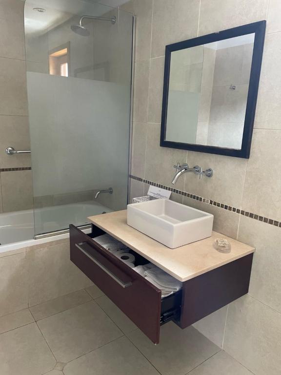 y baño con lavabo y espejo. en Las Bayas Home Suites en Esquel