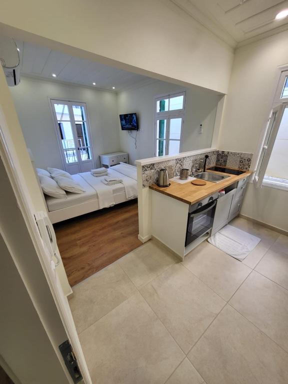 cocina y sala de estar con fregadero y sofá en Lefkada Triola Apartments, en Lefkada