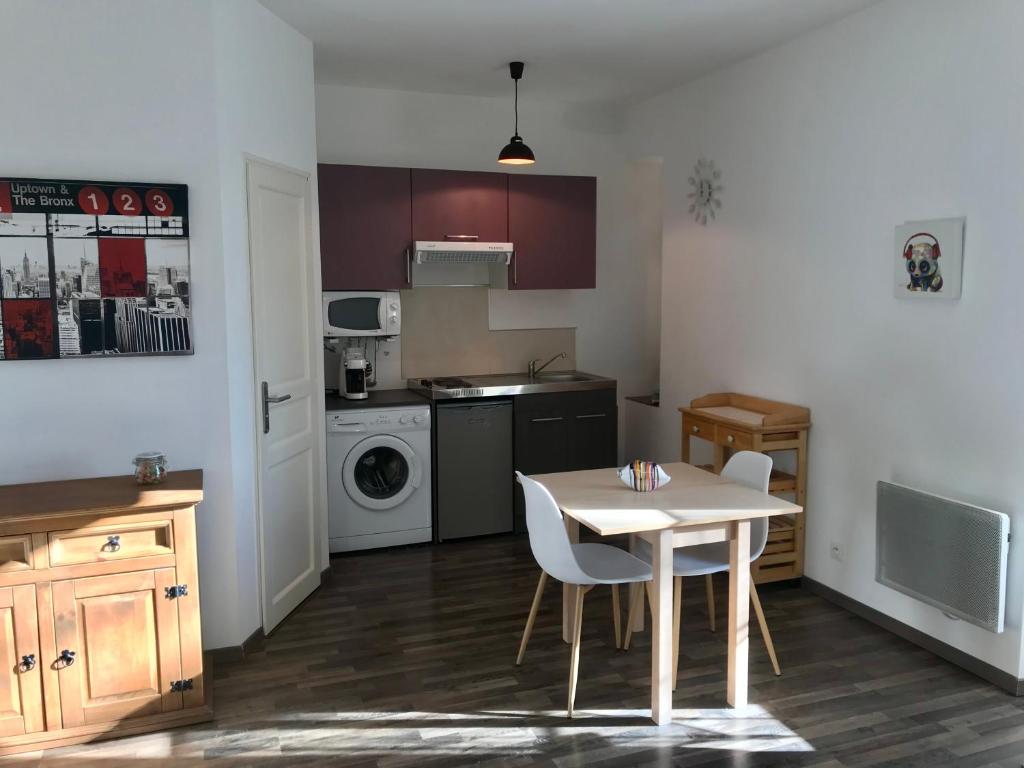 cocina con mesa y sillas en una habitación en Agréable Studio dans le village, en Saint-Martin-Vésubie