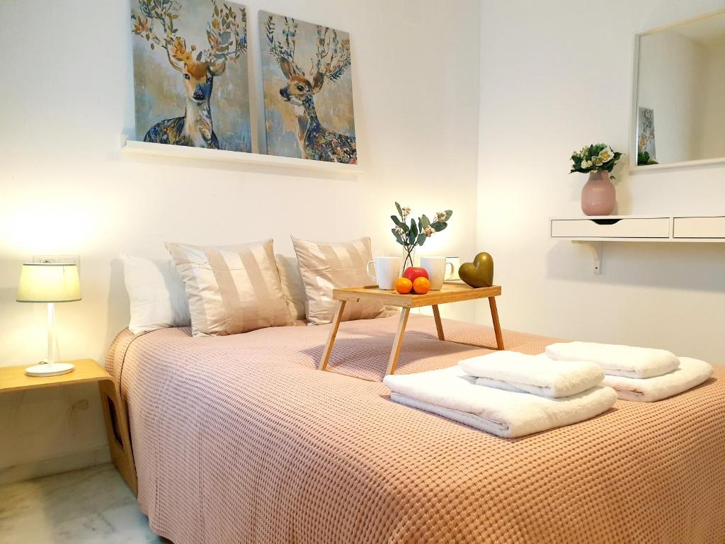 ein Schlafzimmer mit einem Bett und einem Tisch darauf in der Unterkunft Sherryflat Neira - Parking in Jerez de la Frontera