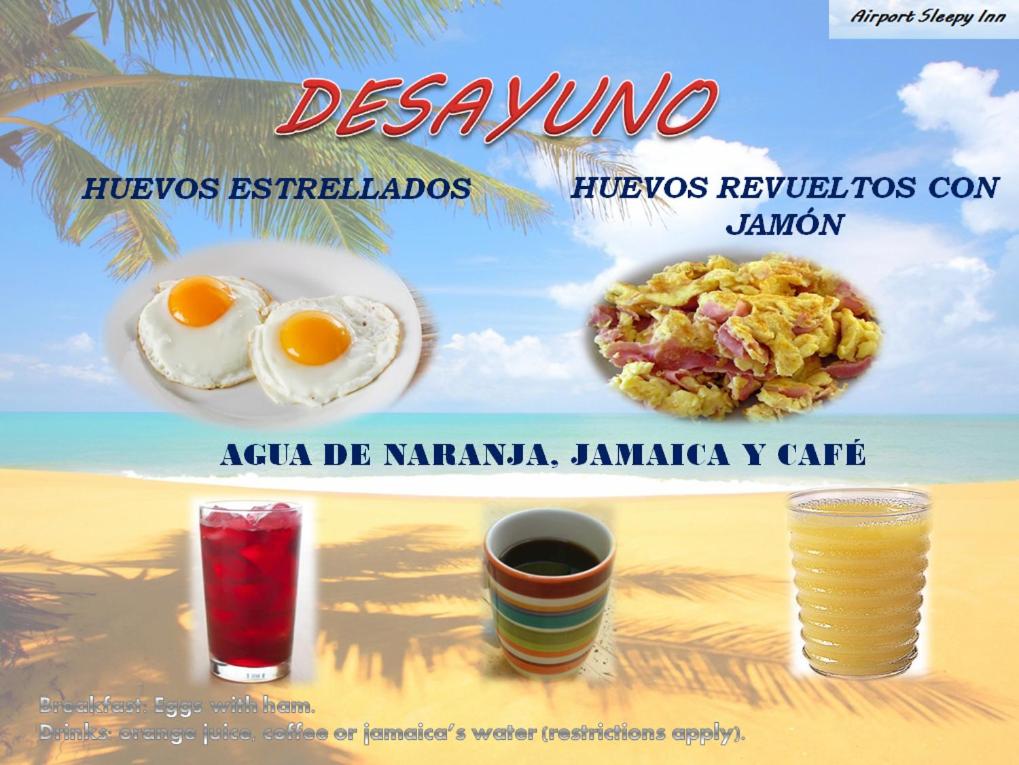 a advertisement for a breakfast of eggs and a drink at Airport Sleepy Inn in Cancún