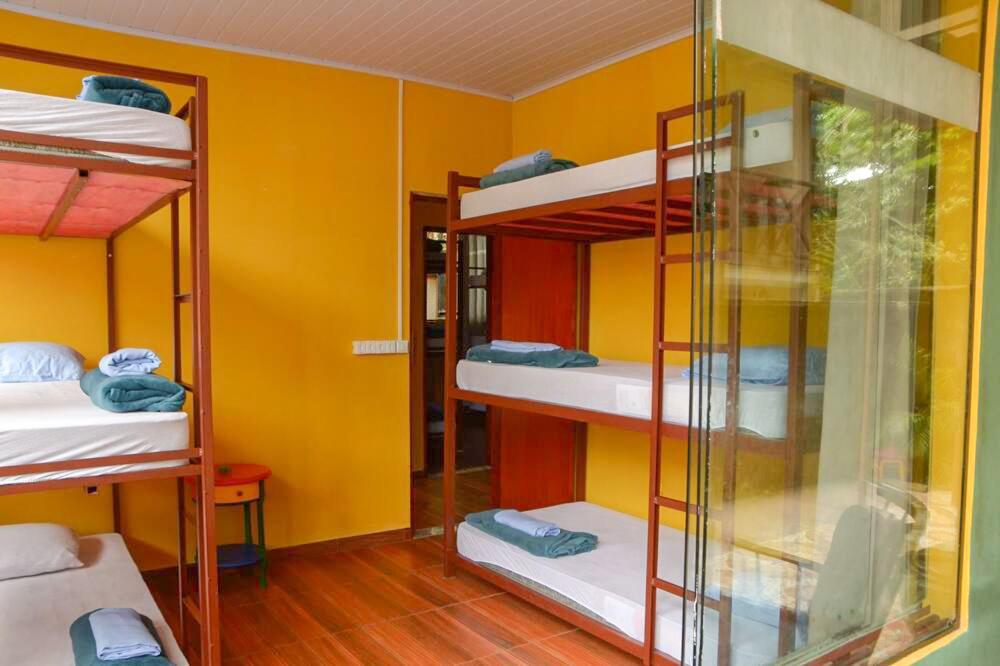 a room with bunk beds in a yellow wall at Hostel MPB Ilha Grande in Abraão