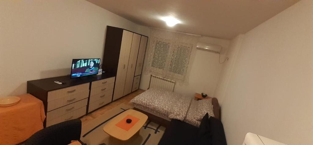 a small room with a bed and a tv in it at Sirmijum Hause in Sremska Mitrovica