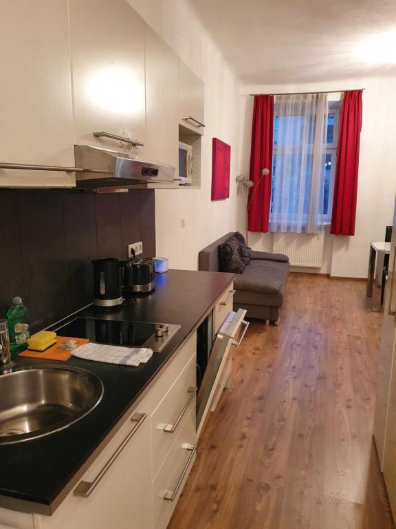 ウィーンにあるVibrant Red Apartment I contactless Check-Inのキッチン(シンク、カウンタートップ付)