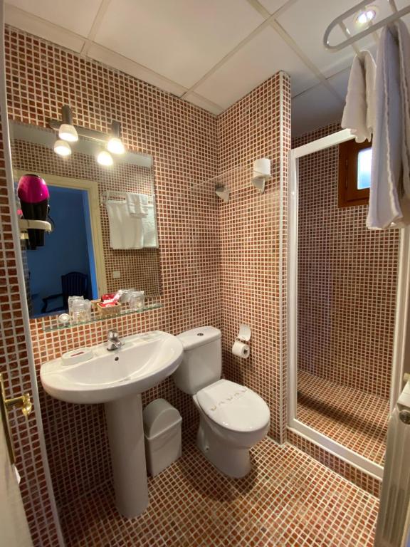 a bathroom with a sink and a toilet and a shower at Hotel Casa Socotor in Sallent de Gállego